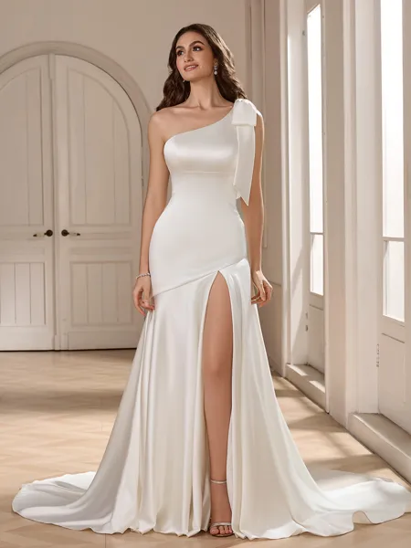 Sheath One-Shoulder Bow Chapel Train Charmeuse Wedding Dress