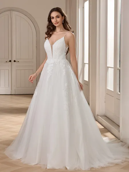 A-line V-neck Appliques Lace Court Train Tulle Wedding Dress