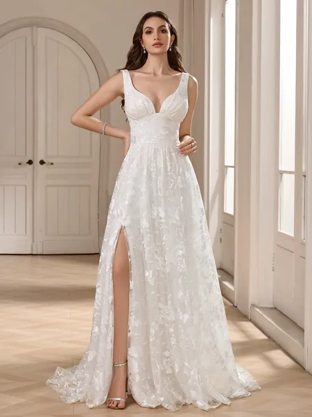 A-line V-neck Appliques Lace Court Train Lace Wedding Dress