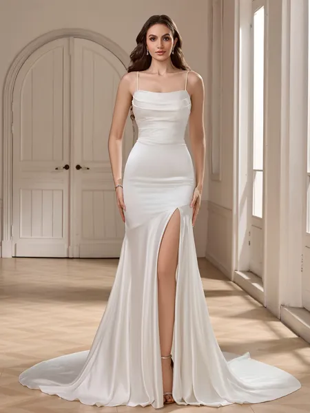 Sheath Spaghetti Straps Pleated Chapel Train Silk Like Satin Wedding Dress