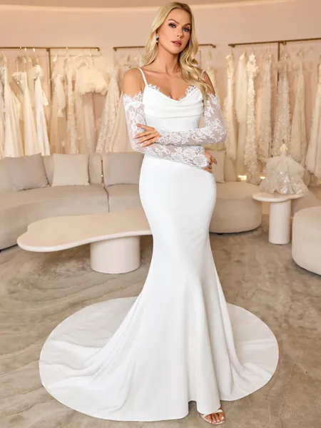 Sheath Spaghetti Straps Long Sleeves Pleated Court Train Stretch Crepe Wedding Dress