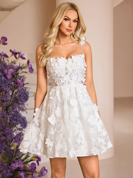 A-line One-Shoulder Appliques Lace Short/Mini Lace Corset Wedding Dress