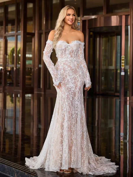 Sheath/Column Lace Off-the-Shoulder Long Sleeves Court Train Wedding Dresses