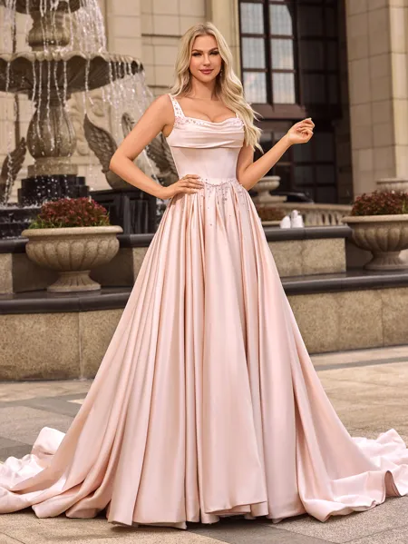 Ball Gown Satin Straps Sleeveless Cathedral Train Wedding Dresses
