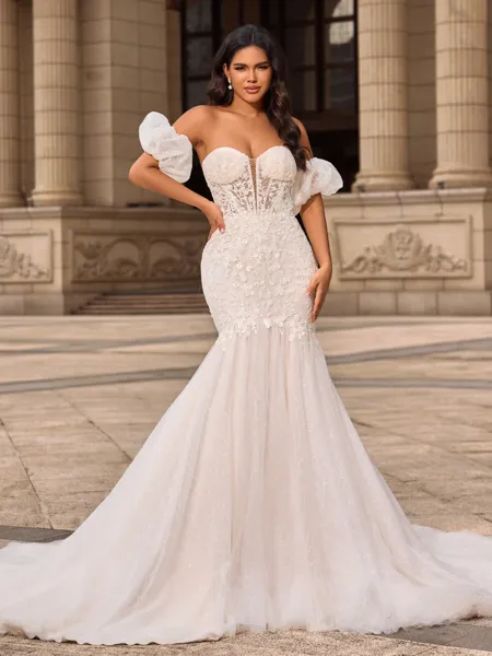 Trumpet/Mermaid Tulle Sweetheart Short Sleeves Cathedral Train Wedding Dresses