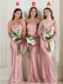 Sheath/Column Straps Sweep Train Silk Like Satin Bridesmaid Dresses With Ruffles