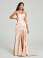 Sheath/Column Silk Like Satin Spaghetti Straps Sleeveless Sweep Train Leg Slit Porm Dress