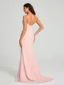 Sheath/Column V-neck Sweep Train Sleeveless Stretch Crepe Bridesmaid Dress