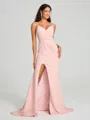 Sheath/Column V-neck Sweep Train Sleeveless Stretch Crepe Bridesmaid Dress