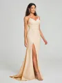 Sheath/Column V-neck Sweep Train Sleeveless Stretch Crepe Bridesmaid Dress