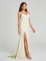 Sheath/Column V-neck Sweep Train Sleeveless Stretch Crepe Bridesmaid Dress
