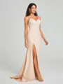 Sheath/Column V-neck Sweep Train Sleeveless Stretch Crepe Bridesmaid Dress