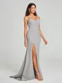 Sheath/Column V-neck Sweep Train Sleeveless Stretch Crepe Bridesmaid Dress