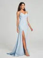 Sheath/Column V-neck Sweep Train Sleeveless Stretch Crepe Bridesmaid Dress