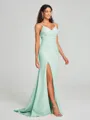Sheath/Column V-neck Sweep Train Sleeveless Stretch Crepe Bridesmaid Dress