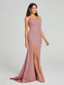 Sheath/Column V-neck Sweep Train Sleeveless Stretch Crepe Bridesmaid Dress