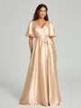 A-Line/Princess V-neck Floor-Length Short Sleeves Silk like Satin Bridesmaid Dress