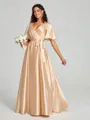 A-Line/Princess V-neck Floor-Length Short Sleeves Silk like Satin Bridesmaid Dress