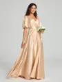 A-Line/Princess V-neck Floor-Length Short Sleeves Silk like Satin Bridesmaid Dress