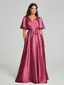 A-Line/Princess V-neck Floor-Length Short Sleeves Silk like Satin Bridesmaid Dress
