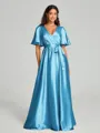 A-Line/Princess V-neck Floor-Length Short Sleeves Silk like Satin Bridesmaid Dress