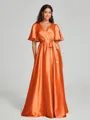A-Line/Princess V-neck Floor-Length Short Sleeves Silk like Satin Bridesmaid Dress