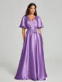 A-Line/Princess V-neck Floor-Length Short Sleeves Silk like Satin Bridesmaid Dress