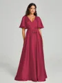 A-Line/Princess V-neck Floor-Length Short Sleeves Silk like Satin Bridesmaid Dress