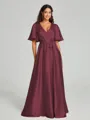 A-Line/Princess V-neck Floor-Length Short Sleeves Silk like Satin Bridesmaid Dress
