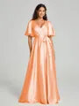 A-Line/Princess V-neck Floor-Length Short Sleeves Silk like Satin Bridesmaid Dress