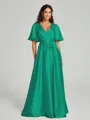A-Line/Princess V-neck Floor-Length Short Sleeves Silk like Satin Bridesmaid Dress