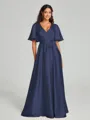 A-Line/Princess V-neck Floor-Length Short Sleeves Silk like Satin Bridesmaid Dress