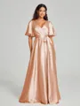 A-Line/Princess V-neck Floor-Length Short Sleeves Silk like Satin Bridesmaid Dress