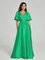 A-Line/Princess V-neck Floor-Length Short Sleeves Silk like Satin Bridesmaid Dress