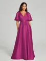 A-Line/Princess V-neck Floor-Length Short Sleeves Silk like Satin Bridesmaid Dress