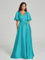A-Line/Princess V-neck Floor-Length Short Sleeves Silk like Satin Bridesmaid Dress
