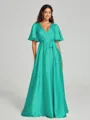 A-Line/Princess V-neck Floor-Length Short Sleeves Silk like Satin Bridesmaid Dress