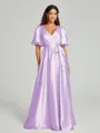 A-Line/Princess V-neck Floor-Length Short Sleeves Silk like Satin Bridesmaid Dress