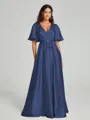 A-Line/Princess V-neck Floor-Length Short Sleeves Silk like Satin Bridesmaid Dress