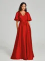 A-Line/Princess V-neck Floor-Length Short Sleeves Silk like Satin Bridesmaid Dress