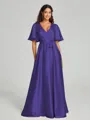 A-Line/Princess V-neck Floor-Length Short Sleeves Silk like Satin Bridesmaid Dress