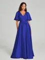A-Line/Princess V-neck Floor-Length Short Sleeves Silk like Satin Bridesmaid Dress