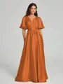A-Line/Princess V-neck Floor-Length Short Sleeves Silk like Satin Bridesmaid Dress