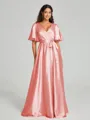 A-Line/Princess V-neck Floor-Length Short Sleeves Silk like Satin Bridesmaid Dress
