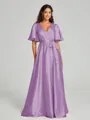 A-Line/Princess V-neck Floor-Length Short Sleeves Silk like Satin Bridesmaid Dress