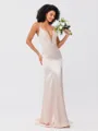 Sheath/Column Silk like Satin Ruched V-neck Sleeveless Sweep/Brush Train Bridesmaid Dresses
