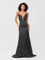 Sheath/Column Silk like Satin Ruched V-neck Sleeveless Sweep/Brush Train Bridesmaid Dresses