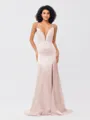 Sheath/Column Silk like Satin Ruched V-neck Sleeveless Sweep/Brush Train Bridesmaid Dresses