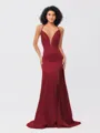 Sheath/Column Silk like Satin Ruched V-neck Sleeveless Sweep/Brush Train Bridesmaid Dresses