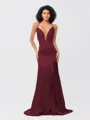 Sheath/Column Silk like Satin Ruched V-neck Sleeveless Sweep/Brush Train Bridesmaid Dresses